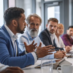 Determined African businessman expressing opinions to junior and senior colleagues on management team in conference room.